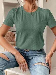 Camiseta blanca de cuello redondo con bordado de ojales, minimalista para ir a la oficina, estilo antiguo y sencillo - Verde - Ver 3