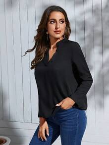 Clasi Blusa con cuello con muesca y mangas enrollables, blusas de manga larga - Negro - Ver 4