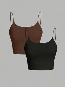 Camiseta de tirantes finos de un solo color simple, uso casual de todos los días para mujeres - Multicolor 2 - Ver 2