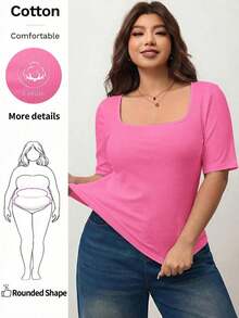 Camiseta de manga corta de cuello cuadrado de ajuste ceñido y elástica para mujer de talla grande, camiseta primavera y verano amigable con la piel, compatible con curvas redondeadas del Body, compatible con la forma del Body redondeada de Apple/20 - Rosa Fucsia - Ver 8