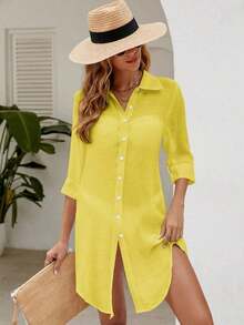 Swim Vcay Kimono de cobertura de unicolor con botones frontales para mujer, ideal para playa, vacaciones y uso casual en verano - Amarillo - Ver 5