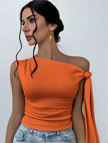 de mujer de estilo elegante y romántico para primavera, con cuello asimétrico, estilo elegante y sexy, adecuado para fiestas, vacaciones, citas románticas y vestidos de boda, con textura de punto y tirantes cruzados en los hombros, en color - Naranja - Ver 10