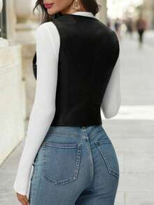 Chaleco delgado de mujer de un solo pecho de unicolor de piel de PU - Negro - Ver 2