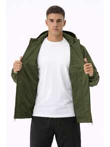 Men's Waterproof Windbreaker With Removable Hood, Sportswear For Gym Or Running - 軍綠色 - 查看 4