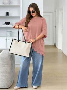 LUNE Camiseta de talla grande con parches de encaje y bajo asimétrico de unicolor - Rosa - Ver 7
