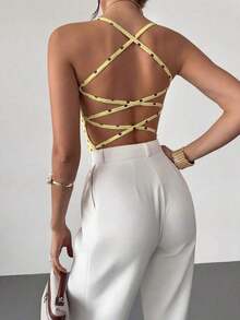 Body elegante y romántico con estampado bohemio y espalda cruzada, adecuado para vacaciones en la playa de Hawái y citas - Amarillo - Ver 6
