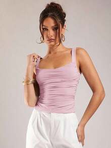 Camiseta de tirantes de unicolor minimalista para mujer - Rosa Pálido - Ver 5