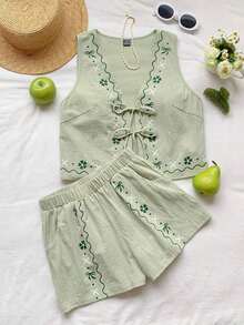 Conjunto de 2 piezas de estilo bohemio y veraniego con estampado floral blanco tejido - Verde - Ver 4