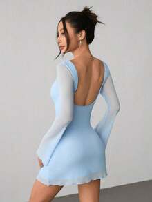 Vestido de malla con mangas de trompeta y espalda descubierta, nuevo y sexy para principios de otoño - Celeste - Ver 8