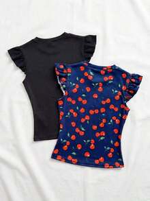 2 piezas Conjunto con Camiseta de Punto Blanco Acanalado con Volantes WYWH y Camiseta Sólida de Color Cereza, Estilo Bohemio, Boho, Floral Romántico, Vacaciones, Estilo Floral para Fiesta, Cita, Día de San Valentín, Pascua, Carnaval, Té de la Tarde - Azul marino - Ver 2