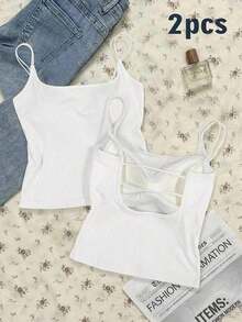 2 piezas Conjunto de camisola sin espalda ajustada para mujer, Camisola sin espalda de verano para mujer, Adecuado para el transporte diario, citas, fiestas, otoño/invierno/verano, Navidad, Año Nuevo, Acción de Gracias, fiestas, bodas, playa, ceremonias de graduación, de moda, elegante, casual, salidas, citas, reservas, transporte, brillante, Día de San Valentín, elegante, vacaciones, casual, Y2K, salidas, ceremonias de graduación y otras ocasiones. - Blanco - Ver 2