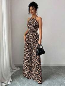 Mono de tela estampada con envolvente frontal para mujer, diseño que define la cintura para usar en ocasiones elegantes, ya sea de fiesta o diario - Marrón 3 - Ver 3