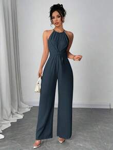 Mono sin mangas de un solo color con diseño cruzado para mujer, atuendo elegante para festivales, fiestas, festivales de música, temporada de graduación, playa, vacaciones y uso diario - Azul marino - Ver 3