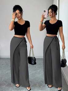 Elenzya Pantalones anchos de traje de color block elegante color albaricoque para mujeres - Gris Oscuro - Ver 7