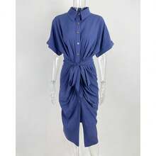Elegant Women's Spring Shirt Dress, Sensual Print, With Adjustable Ties, Refined Style - 藍色 - 查看 2
