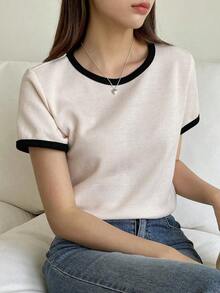 Camiseta casual de mujer de manga corta, simple y de moda para uso diario, ropa de vuelta a la escuela - Beis - Ver 8