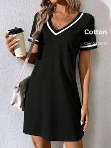 Vestido de punto de bloques de color con cuello en V, elegante y casual, con correa tejida, negro - Blanco y Negro - Ver 8