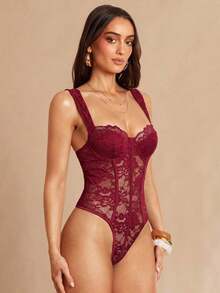 Body de encaje negro sexy, body de manga larga ajustado y transparente con parches de encaje, tirantes de espagueti, versátil para uso diario, citas y salir - Burdeos - Ver 4