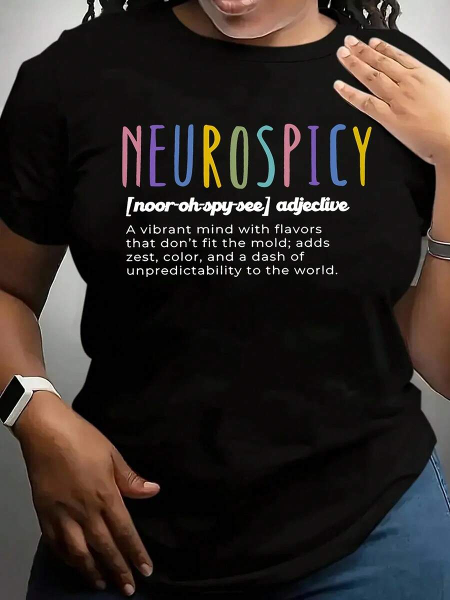 Women's Short-Sleeved T-Shirt With Neurospicy Print, Casual Black Round Neck T-Shirt, Elastic, Machine Washable, Suitable For Sports And Leisure In Spring/Summer/Autumn. - 黑色 - 查看 1
