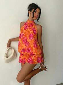 YHHAloruh Vestido casual de verano para mujer con cuello halter, unicolor y volantes en el bajoYHH - Naranja 2 - Ver 12