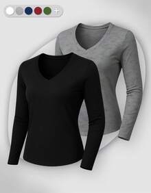 Set Of 2 Long Sleeve T-Shirts, Base Layer Blouses, V-Neck, Slim Fit, Workwear, Winter, Basic, Plain - 灰色 - 查看 1