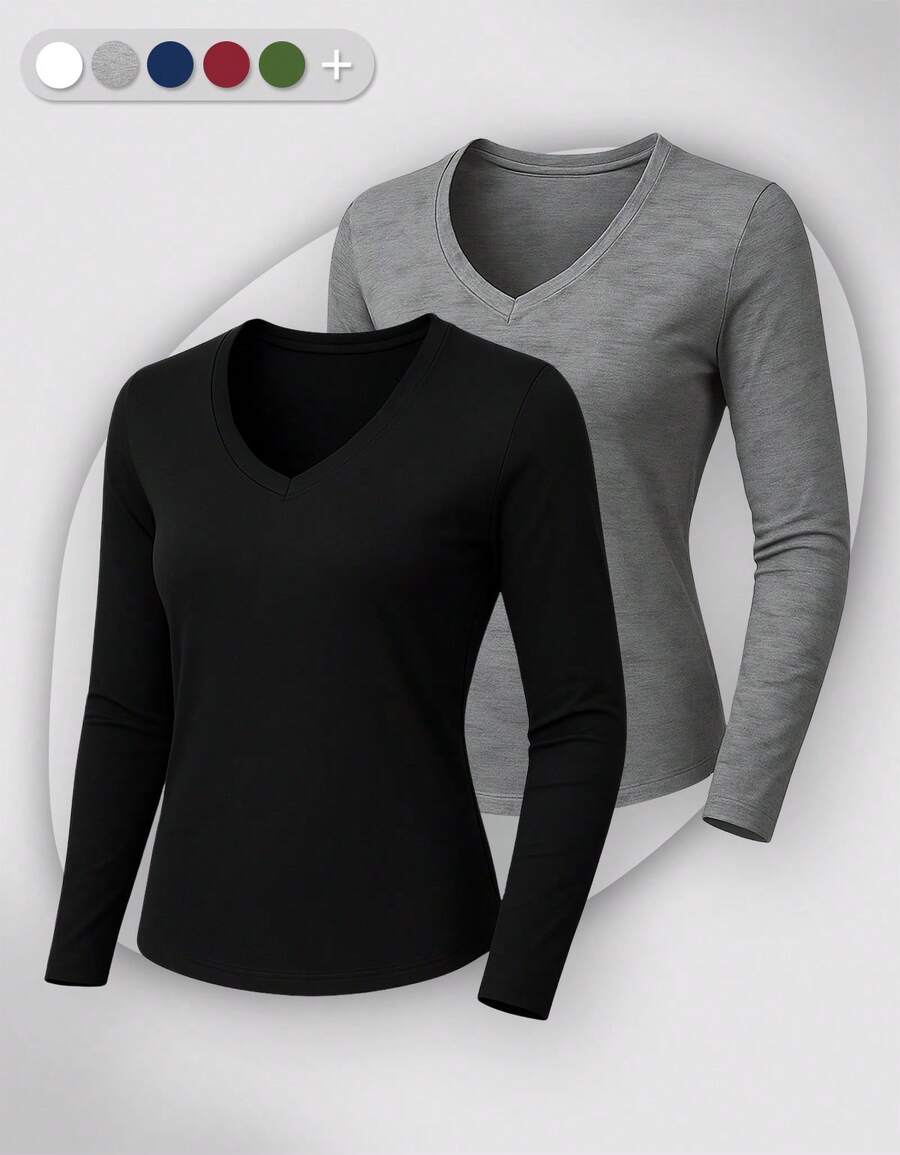 Set Of 2 Long Sleeve T-Shirts, Base Layer Blouses, V-Neck, Slim Fit, Workwear, Winter, Basic, Plain - 灰色 - 查看 1