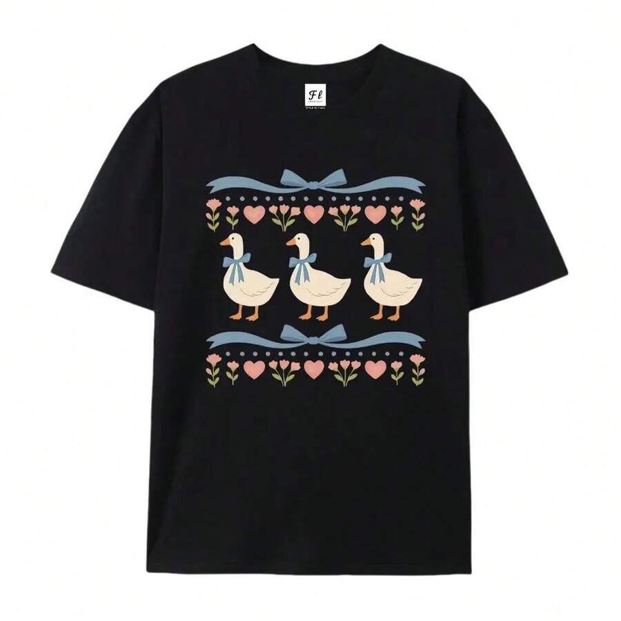 Women's Casual Printed Short Sleeve T-Shirt - Cute And Fun Print Of A Duck With A Bow, Pure Cotton Black T-Shirt With Round Neck, Machine Washable, Breathable And With Slight Stretch. - 黑色 - 查看 1