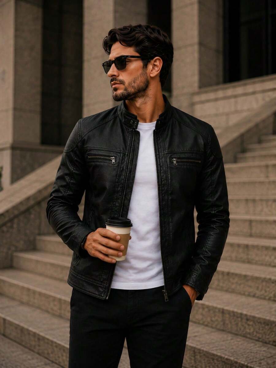 Men's PU Leather Casual Slim Fashion Winter Jacket - Black - View 1