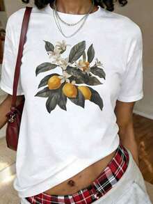 Camiseta Casual Vintage con Estampado Floral de Limones y Flores Estilo Cottagecore, Manga Corta, Cuello Redondo, Top Casual para Verano y Primavera, Ropa de Mujer a la Moda - Blanco - Ver 7