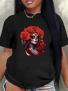 Camiseta de manga corta de poliéster, decorada con motivos de calaveras de azúcar del Día de Muertos y rosas rojas, ligera y duradera, adecuada para uso casual en casa o en restaurantes, cómoda y de buen ajuste para el uso diario.women's shirts - Negro - Ver 7
