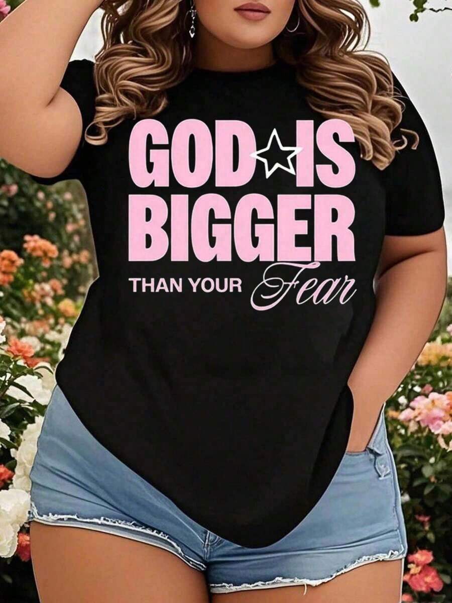 Women's Plus Size Christian T-Shirt With Graphic Design 'God Is Bigger Than Your Fear', Faith-Inspired T-Shirt, Religious Motivational For Everyday Wear, Summer Clothes, Church Clothing - 黑色 - 查看 1