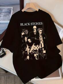 Camiseta Básica Mexicana Estilo Y2K con Estampado de Anime y Diseño de Piedras Negras - Corte Holgado, Mangas Cortas, Cuello Redondo, Top Elástico para Mujer - Ropa Casual de Verano, Camiseta Moderna con Estampado Y2K, Camiseta de Anime - Nuevo Lanzamiento - Negro - Ver 6