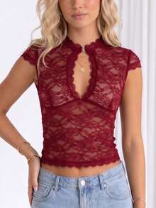 Chaqueta de cuello V con llavero para mujeres camisetas de encaje delgadas de moda de manga corta en verano - Rojo - Ver 4
