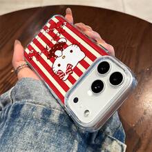 Sanrio Hello Kitty Vintage Red & White Stripes With Apple Motif And Cursive Logo Design Phone Case Suitable For IPhone 17/17 Pro/17 Pro Max/17 Air/16/15/14/13/12/11/X Series Iphone 17 Pro Max Case Iphone 17 Pro Case Iphone 17 Case The Girlfriend,Ideal Gift For Anime Fans - Clear - View 3