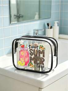 1pc Black PVC Transparent Makeup Organizer Bag, Printed With "Sweet Summer Time" Letter Pattern And Pink Soda Pattern, Premium Quality Durable, Waterproof And Stain-Resistant, Easy To Wipe Clean - Multicolor - View 9