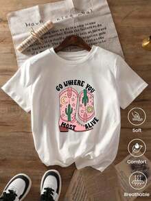 Camiseta de cuello redondo y mangas cortas de ropa fashion, fabricada en México, para la temporada primavera-verano 2025. Con un estampado de dibujos animados, es un modelo para parejas, adecuado tanto para uso interior como exterior, ideal para el estilo de oficina y casual, diseñado para hombres y mujeres, se vende como una pieza individual.--100% algodón, corte holgado. - Blanco - Ver 2