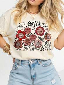 Plus Size Women's Casual Floral & Inspirational Text Print Crew Neck Short Sleeve T-Shirt, Bohemian Home Wear Crew Neck 100% Cotton Soft Fabric Short Sleeve - 杏色 - 查看 1