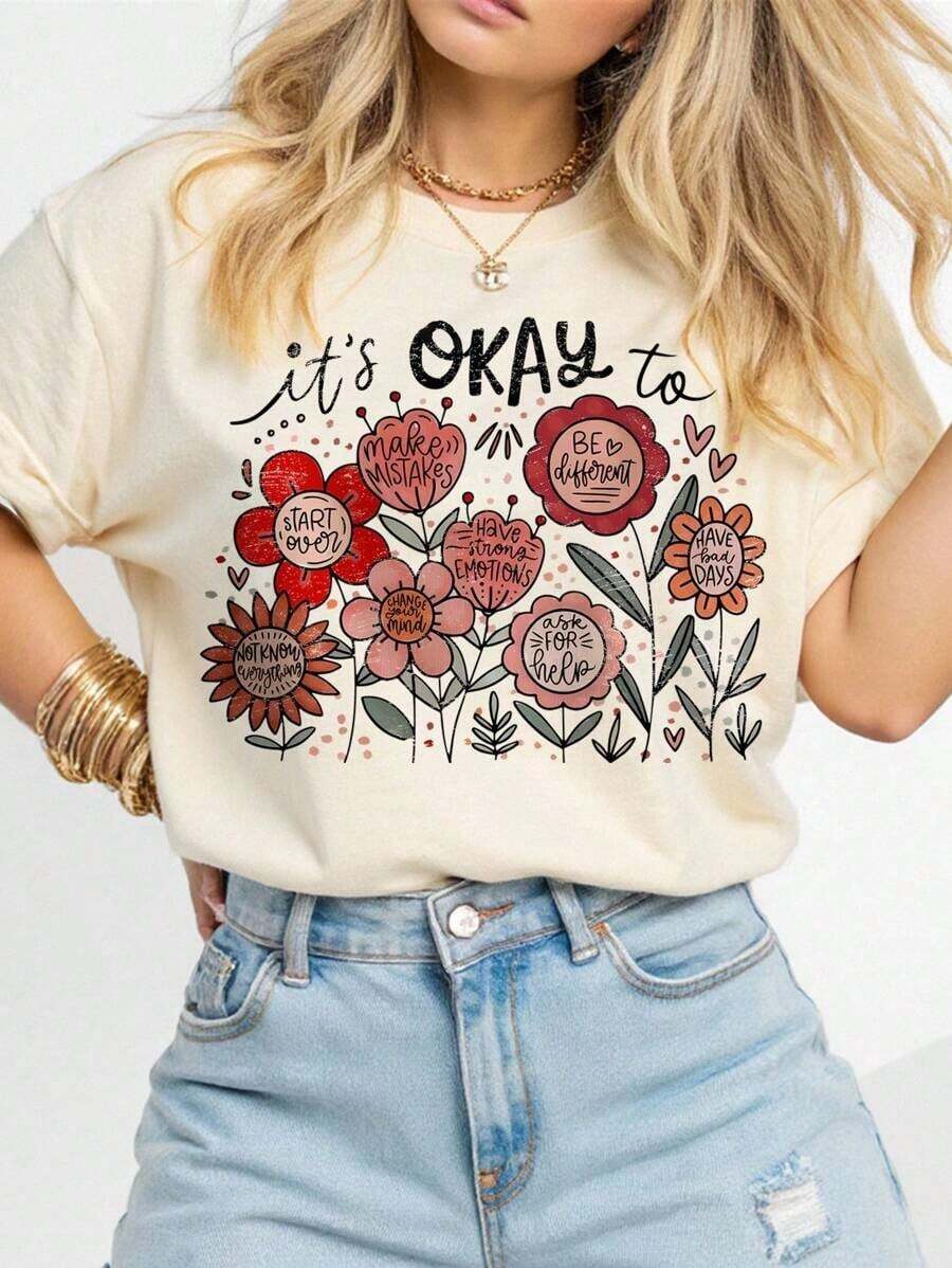 Plus Size Women's Casual Floral & Inspirational Text Print Crew Neck Short Sleeve T-Shirt, Bohemian Home Wear Crew Neck 100% Cotton Soft Fabric Short Sleeve - 杏色 - 查看 1