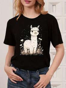 1 Piece Teddy Bear Heart Print T-Shirt For Valentine's Day, Women's Casual Short Sleeve Crew Neck T-Shirt, Cartoon Design, Unisex Vintage Style Loose Fit Cotton Short Sleeve Crew Neck T-Shirt For All Seasons, Blouses For Women. Casual Blouses For Ladies. Care Bear Print. Printed T-Shirt Care Bear Print. - 黑色 9 - 查看 1