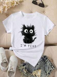 1 Piece Of Women's Cat Print Short Sleeve T-Shirt, Casual Loose Fit, 180g, 100% Cotton. - 白色 - 查看 7