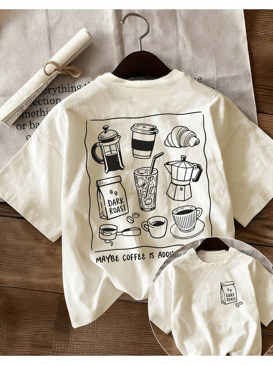 Women's Summer Blouse With A Hand-Drawn Coffee Print On The Front And Back, Loose Fit, Round Neck, Short Sleeves, Suitable For Everyday Wear. Also Suitable As Winter Clothing For Women. - 杏色 - 查看 1