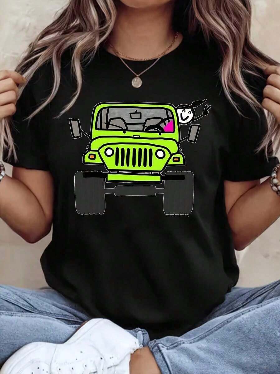 Camiseta Oversize con Estampado Off-Road de Crazy JEEPS, Suave y Transpirable, Cuello Redondo Casual, Manga Corta - Negro - Ver 1