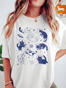 Space Cat Graphic T-Shirt for Cat Lovers - Casual Loose Fit Short Sleeve Top, Cotton Spandex Blend, Machine Washable, Spring/Summer Collection - Vitt - Visa 1