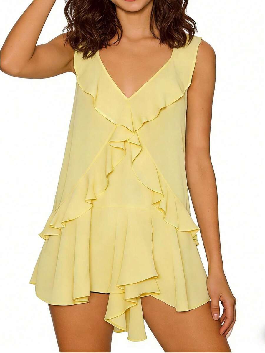 Women's Chiffon Ruffle Mini Dress V-Neck Sleeveless Flowy Swing Dress Tiered Ruffle Hem A-Line Dress For Summer - 黃色 - 查看 1