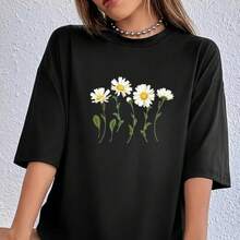 Women's Casual Daisy Floral Print Black Cotton T-Shirt Round Neck Short Sleeve Top With High Stretch Fabric For Everyday Wear - 黑色 - 查看 1
