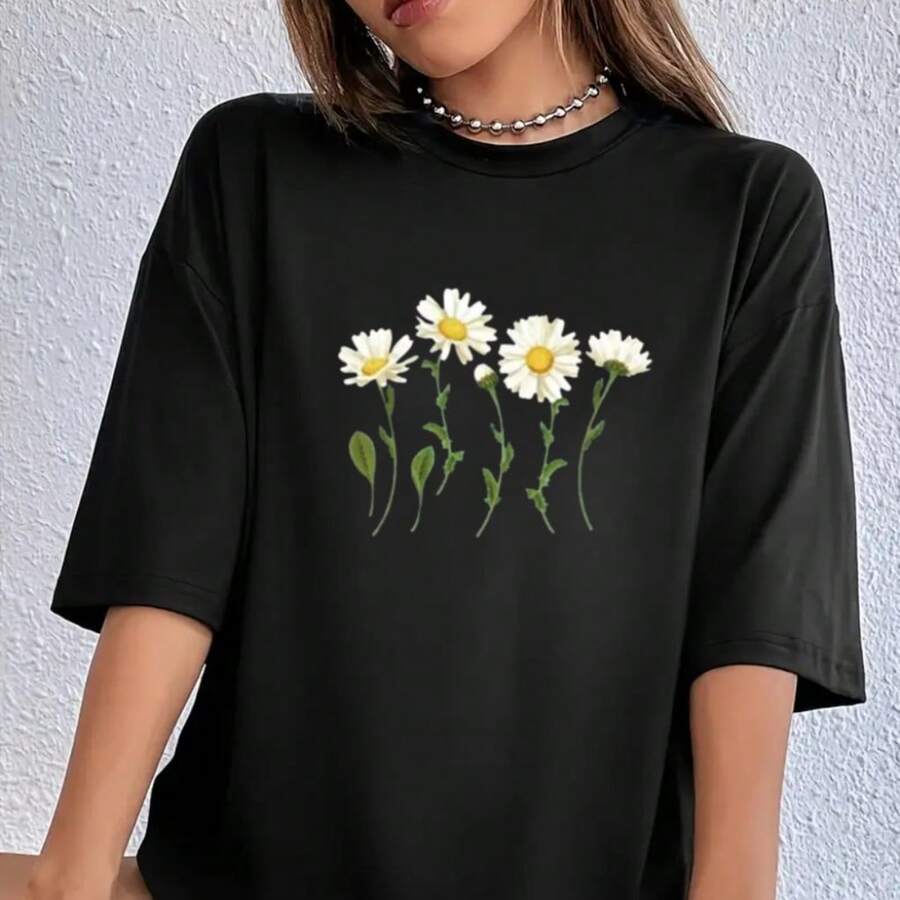 Women's Casual Daisy Floral Print Black Cotton T-Shirt Round Neck Short Sleeve Top With High Stretch Fabric For Everyday Wear - 黑色 - 查看 1