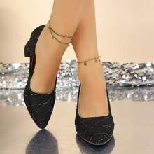 Elegant Shiny Jacquard Thick Heel Pointed Toe Pumps, Versatile Mid-Heel Low Vamp High Heels For Daily, Work, Party, Bridesmaid - Black - View 3