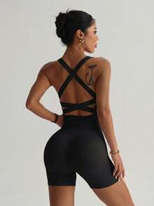 2pcs Women's Summer Casual Sports Set, Off-Shoulder Top And High Waist Shorts, Suitable For Running, Yoga And Other Workouts - Black - View 5