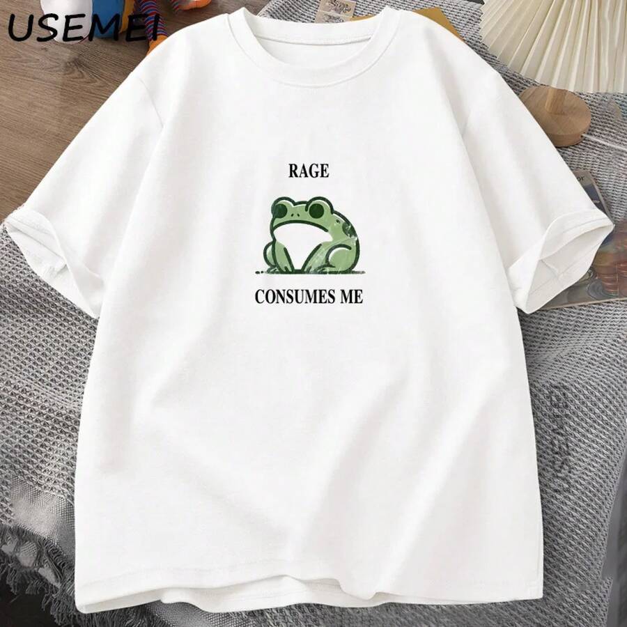 The Fury Devours Me, Vintage Frog T-Shirt For Men And Women, Nature Lovers T-Shirt, Funny Frog, Retro T-Shirt, Men's Clothing, Short Sleeve Cotton T-Shirt - 白色 - 查看 1