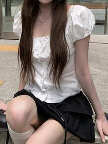 Korean Style Summer Minimalist Ruffle Lace Patchwork Short Sleeve Blouse White - White - View 6